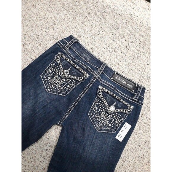 11 La Idol Dark Wash Embellished Bling Capris - Picture 2 of 5